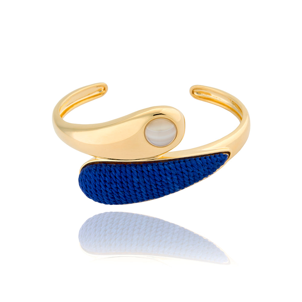 Pulseira Damasco Azul com Ágata Branca